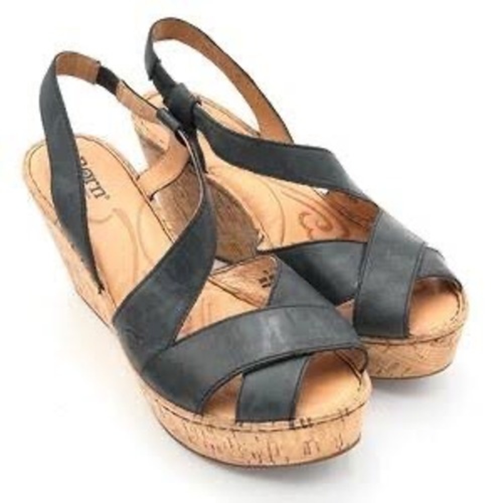 Born Zefira Black Leather Cork Wedge Slingback Platform Womens Sandal 8/39